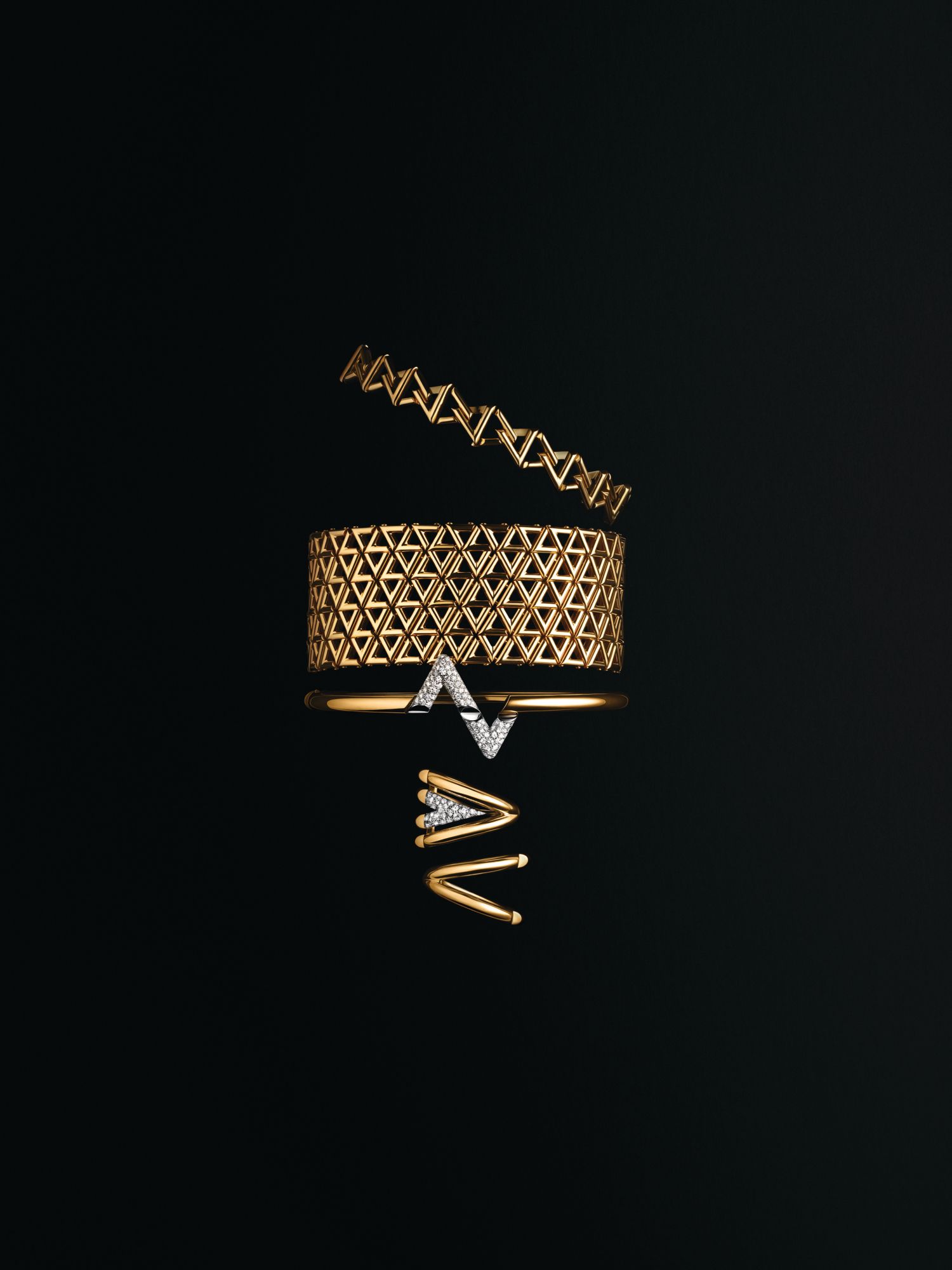 Louis Vuitton LV Volt bracelets and rings in yellow gold set with and without diamonds.