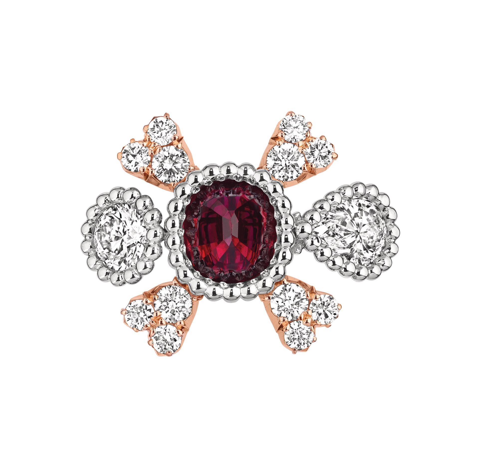 Dior Joaillerie Vanité Rubis ring in pink and white gold set with a ruby and diamonds.