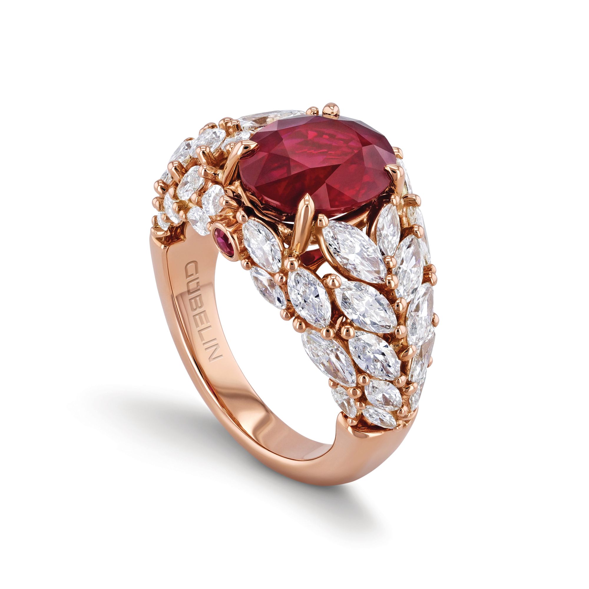 Gübelin Jewellery Royal Pagoda ring in red gold set with rubies and diamonds.