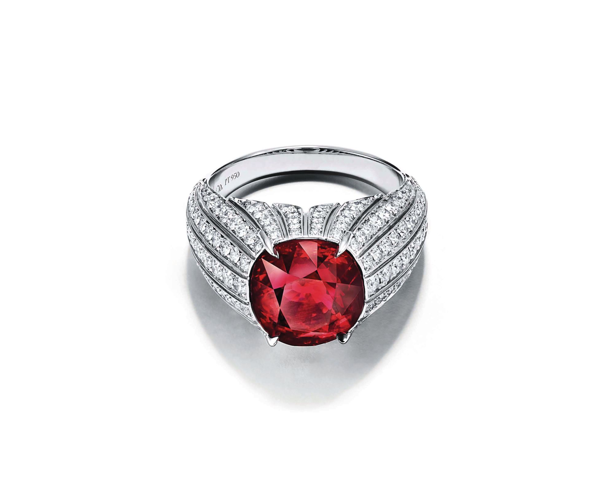 Tiffany & Co Ring in platinum set with a ruby and diamonds.