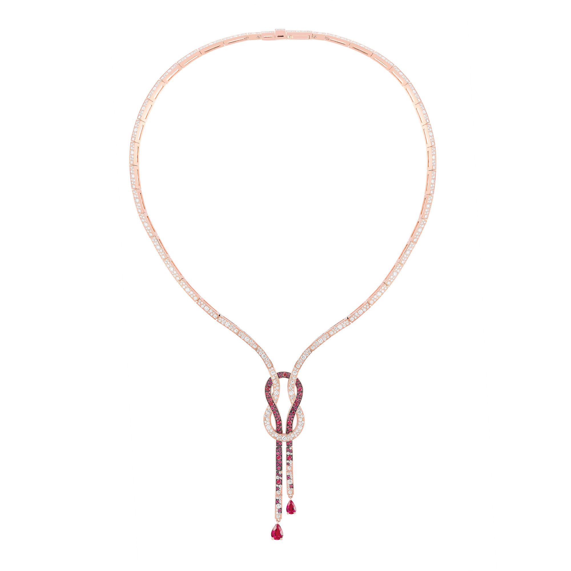 Fred Chance Infinie necklace in pink gold set with rubies and diamonds.
