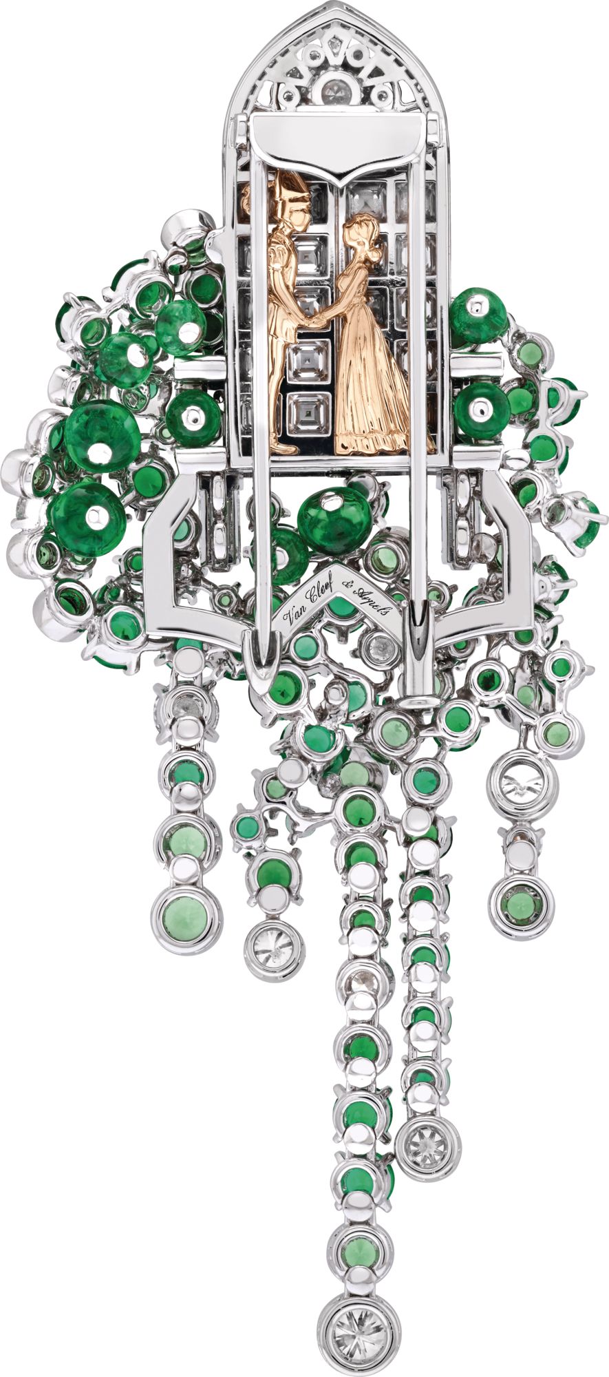 Balcone brooch in white and rose gold set with emeralds, tsavorite garnets and diamonds by Van Cleef & Arpels