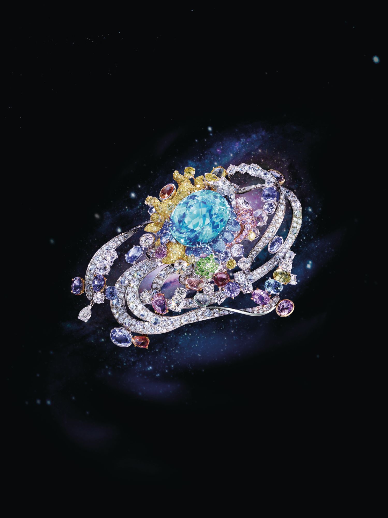 Côté d'Célesté brooch in titanium set with a Paraiba tourmaline, coloured sapphires and diamonds by Anna Hu