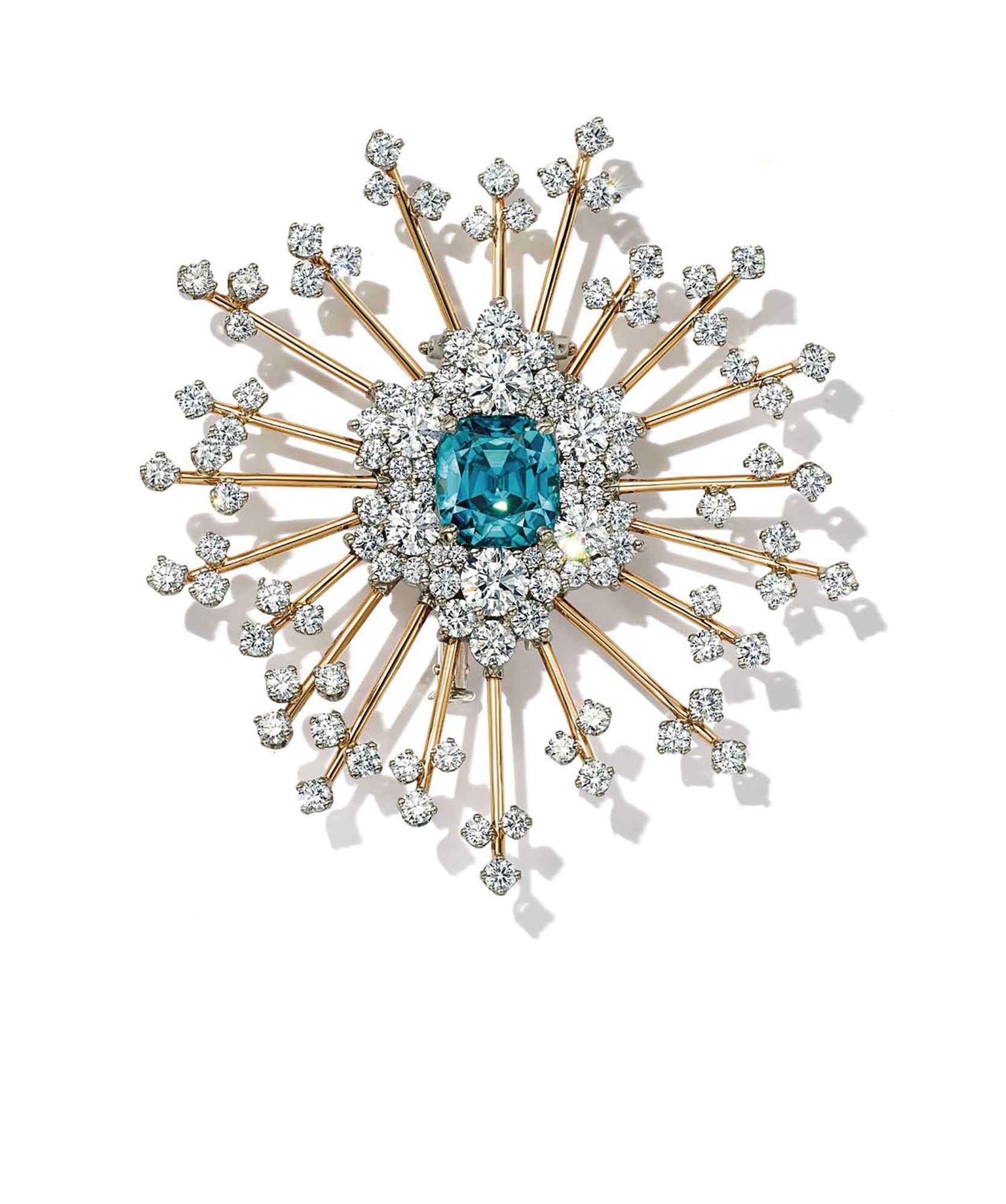 Floral Arrows brooch in yellow gold and platinum set with a blue zircon and diamonds by Tiffany & Co