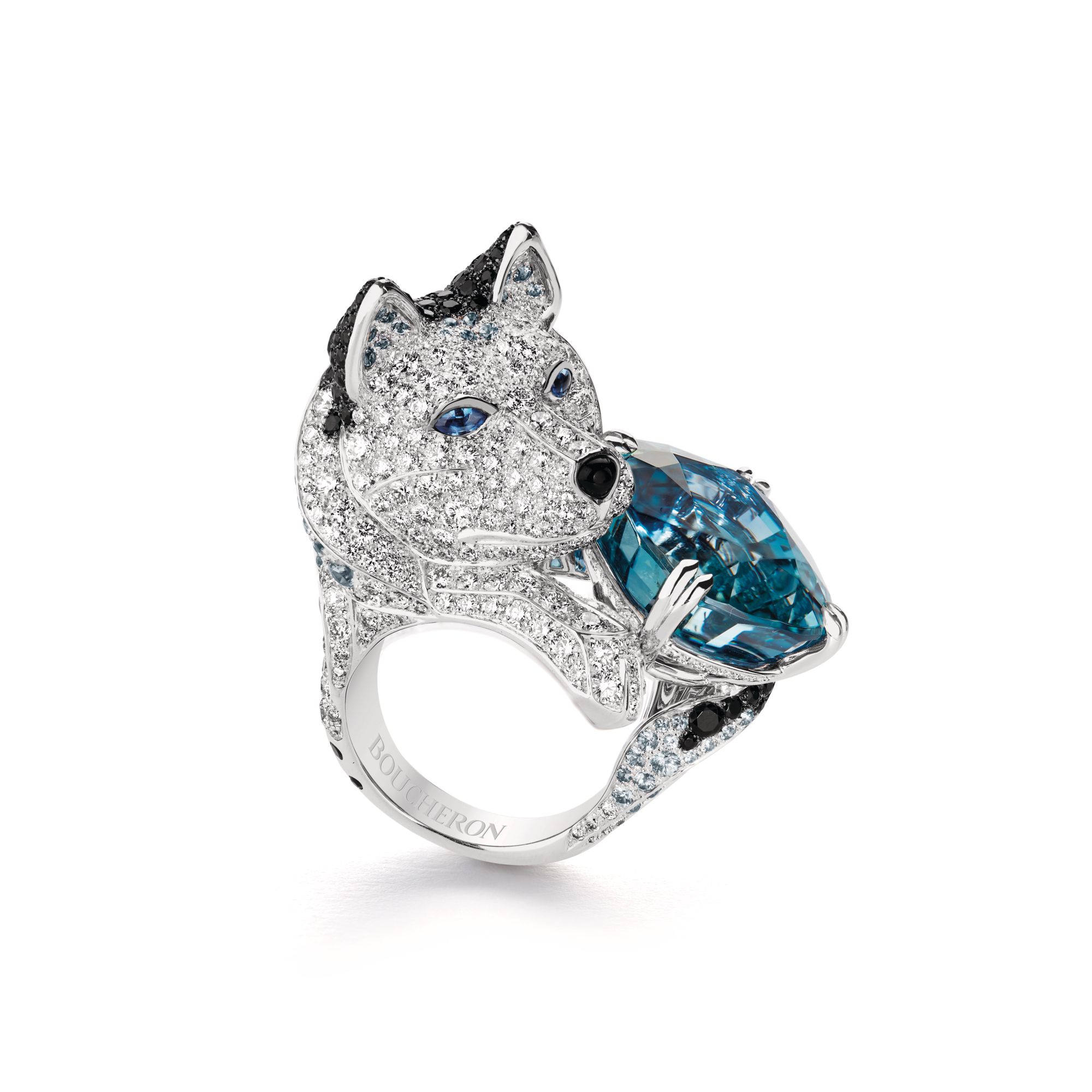 Laïka the Husky ring in white gold set with sapphires, grey spinels and diamonds by Boucheron
