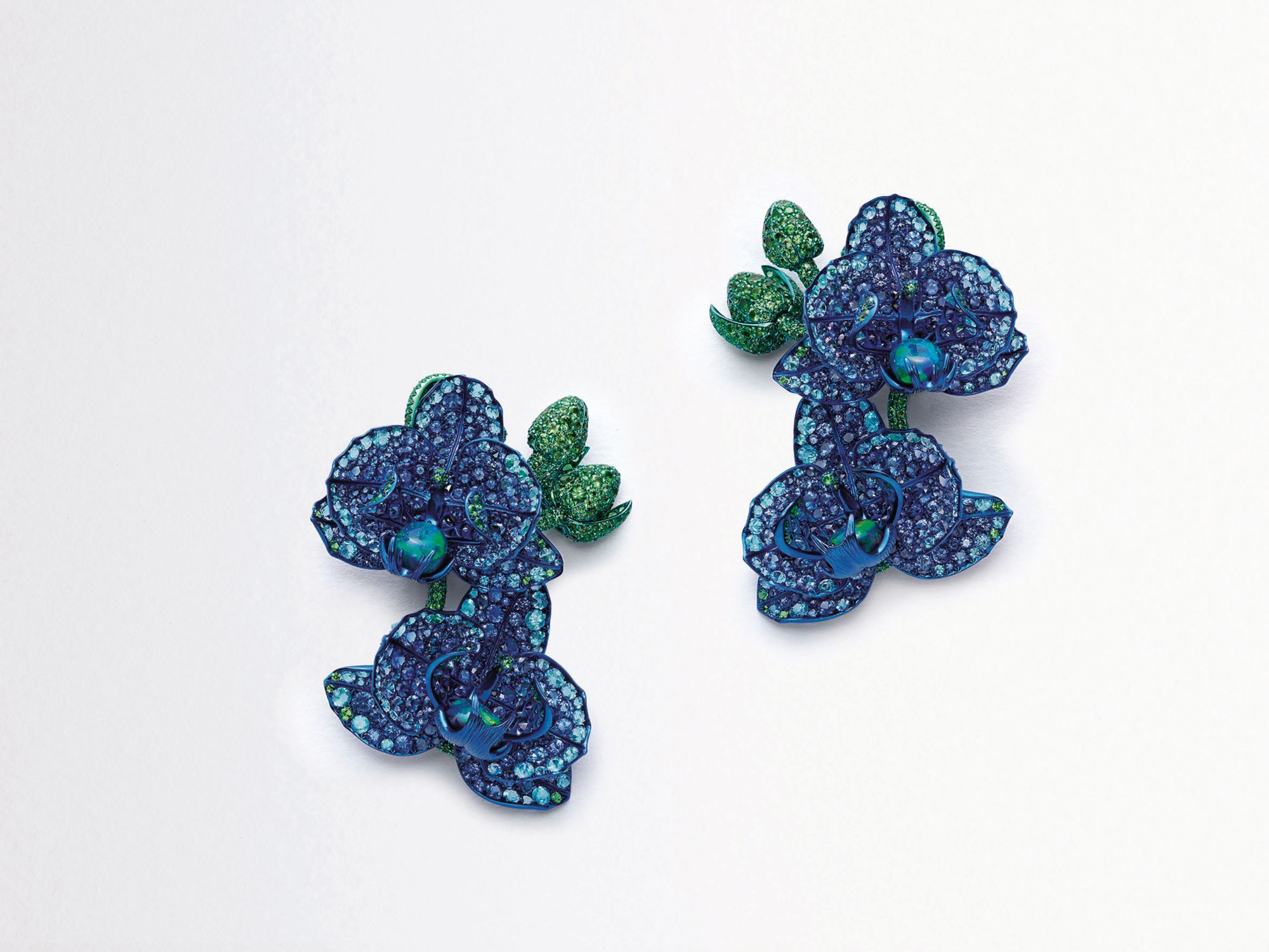 Orchid earring in titanium set with opals, sapphires, tsavorites and tourmalines by Chopard