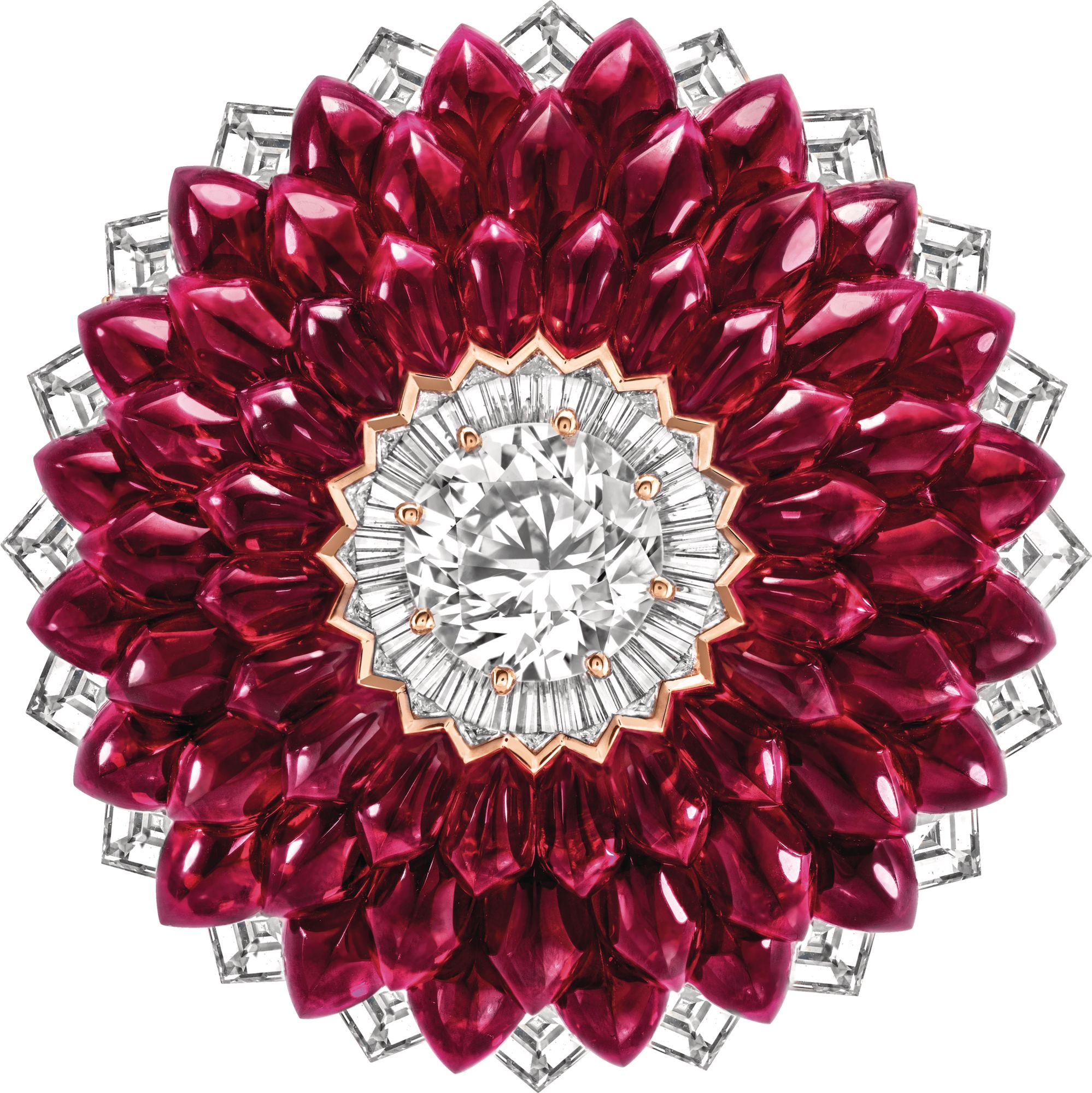 Van Cleef & Arpels Italian Rose clip in white, rose and red gold set with rubies, pink sapphires and diamonds