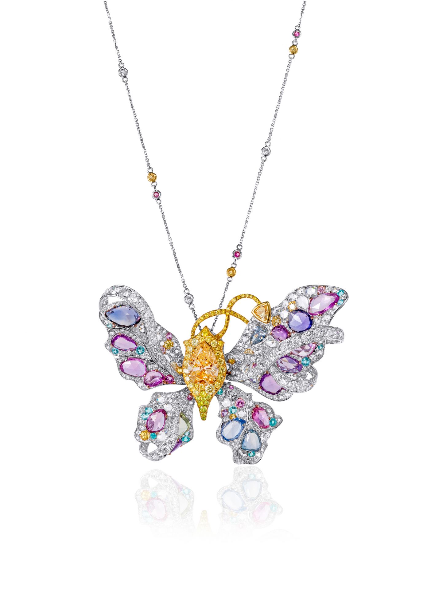 Anna Hu Monet Butterfly pendant in yellow and white gold set with Paraiba tourmalines, sapphires and diamonds
