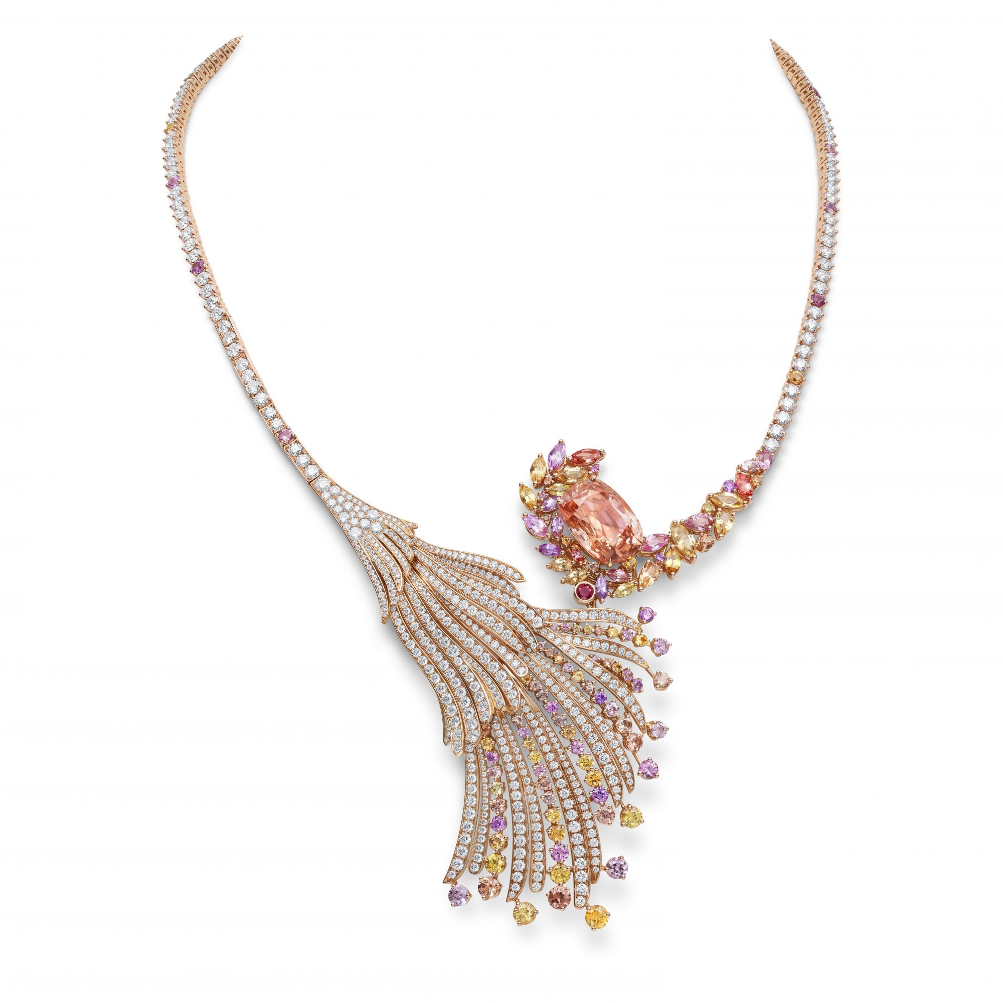 Gübelin Blushing Wing necklace in red gold set with sapphires and diamonds
