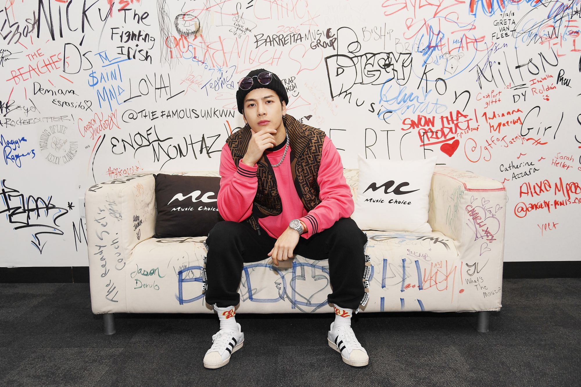 NEW YORK, NEW YORK - FEBRUARY 20: Rapper Jackson Wang Visits Music Choice on February 20, 2019 in New York City. (Photo by Nicholas Hunt/Getty Images)