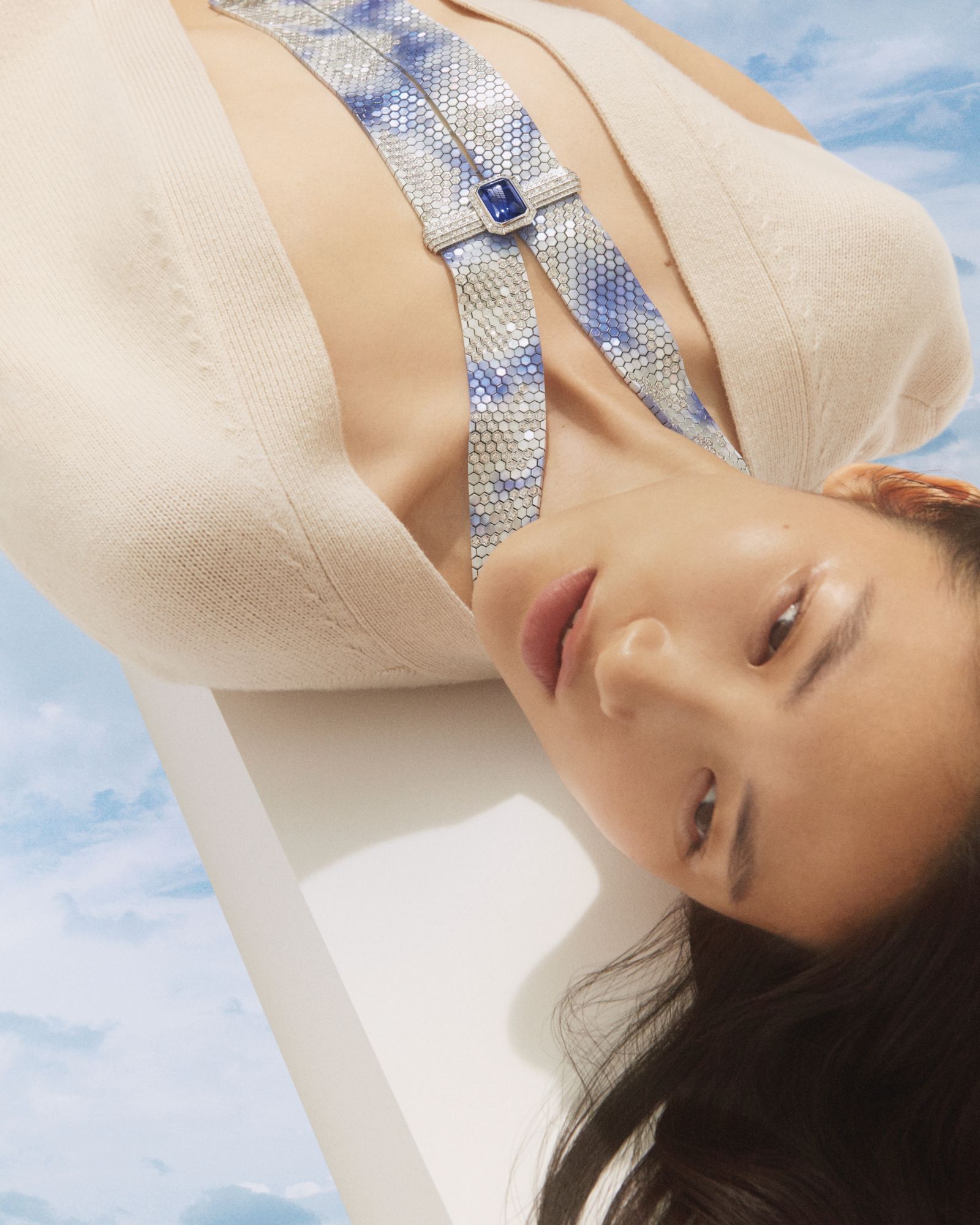 Fenêtre sur Ciel necklace in titanium set with a cabochon tanzanite, mother-of-pearl and diamonds by Boucheron
