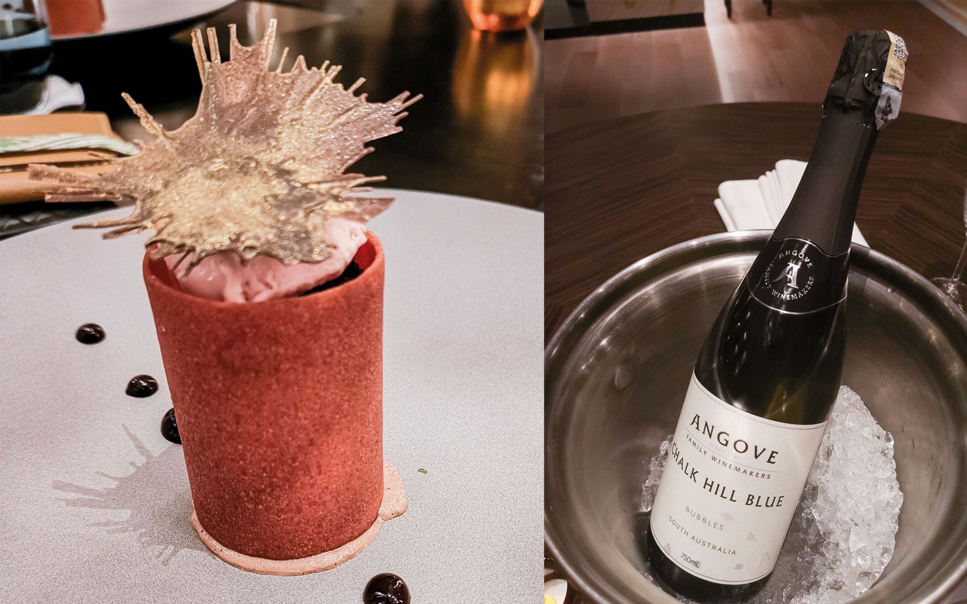 Chocolate Tartlet paired with Angove "Chalk Hill Blue" Bubbles.