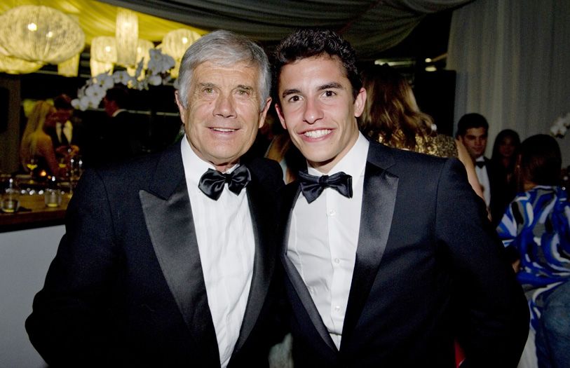 Italian multi-time world champion Grand Prix motorcycle road racer, Giacomo Agostini and Marc Marquez
