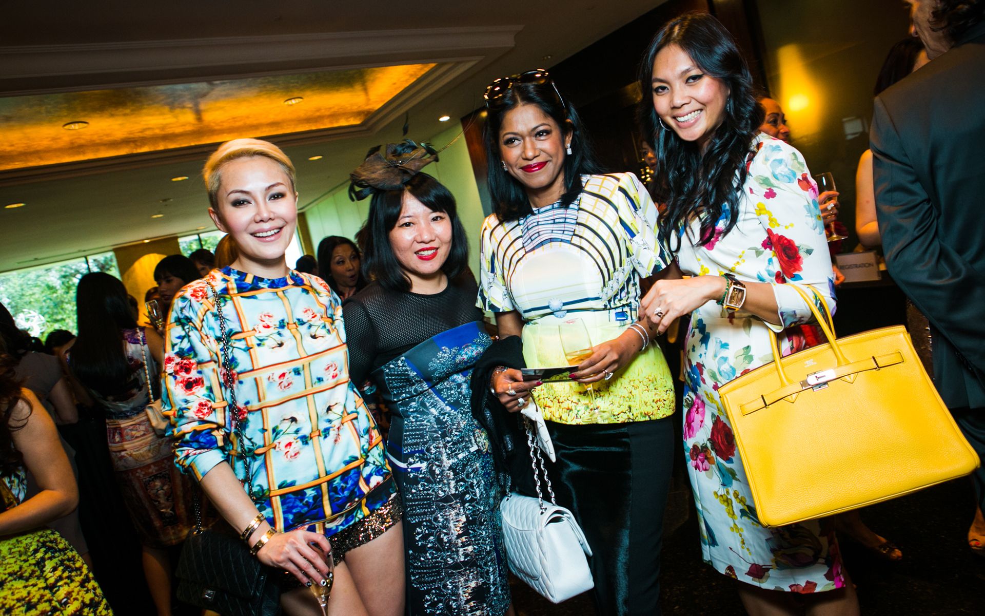 2013 December: Sporting a yellow Hermès bag and floral dress at the Melium Some Kind Of Wonderful party with Rozita Ajmain, Farha Shaid and Jasmine Raj