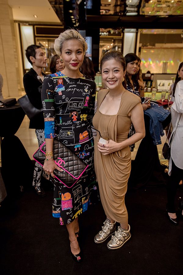 2016 April: Esha shifts from sequins to a quirky graphic number, with Mariam Teh at the Emilio Pucci 'The First Episode' preview party