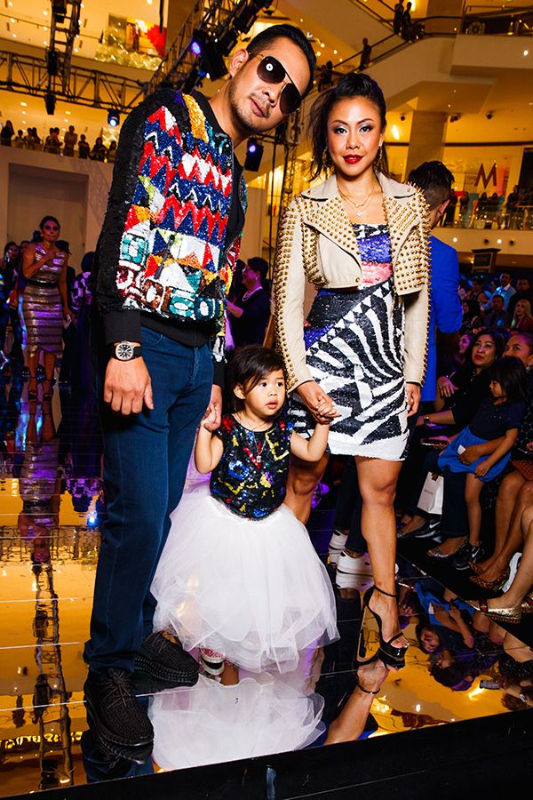 2017 August, Farah Khan show at KL Fashion Week: The posh mama steers family style best, in a shimmering Farah Khan graphic minidress and studded leather jacket, with her husband and daughter both donning the designer's embellished creations