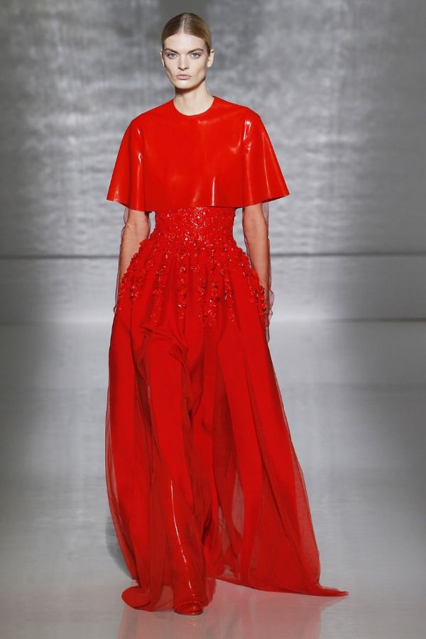 A controversial material, latex is used in this two-piece ensemble produced in collaboration with atelier Atsuko Kudo (Photo credit: Givenchy)