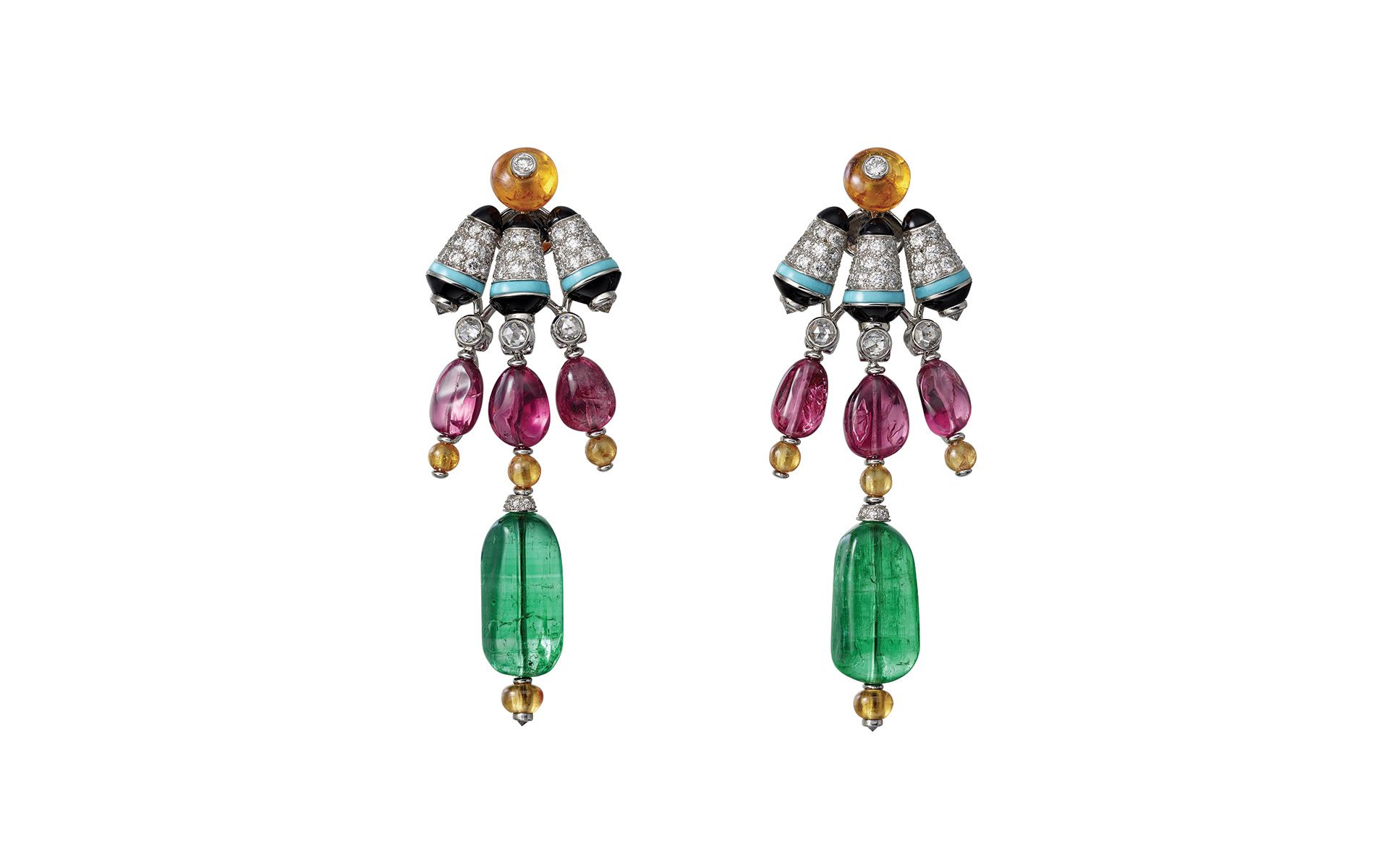 Cartier Chromaphonia earrings in white gold set with spinel and mandarin garnet beads, turquoise, onyx and diamonds