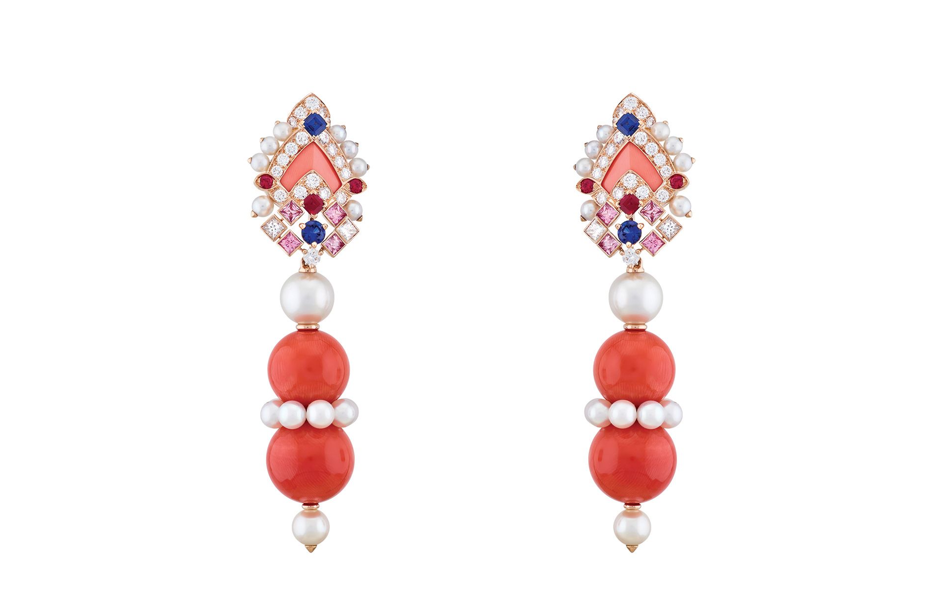 Van Cleef & Arpels Serapi earrings in pink gold, rubies, blue and pink sapphires, white cultured pearls, coral, diamonds