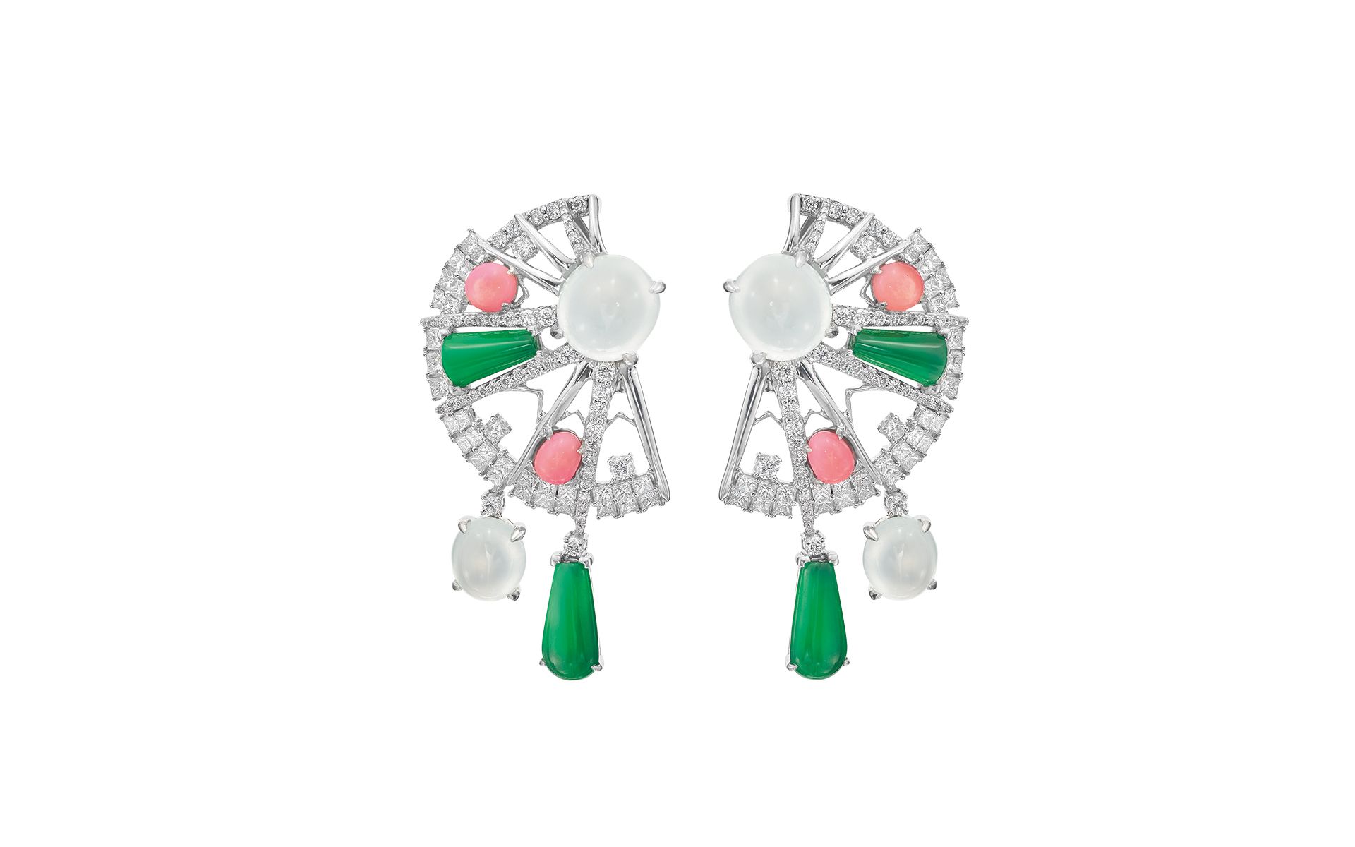 Sarah Ho Jade Fan earrings in white gold set with jade, conch pearls and diamonds