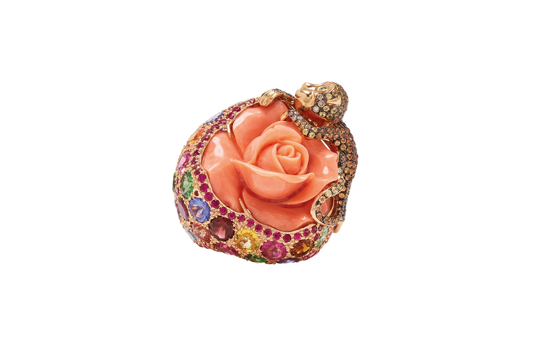 Wendy Yue ring in rose gold set with coral, sapphire, tourmaline, tsavorite, rubies and diamonds