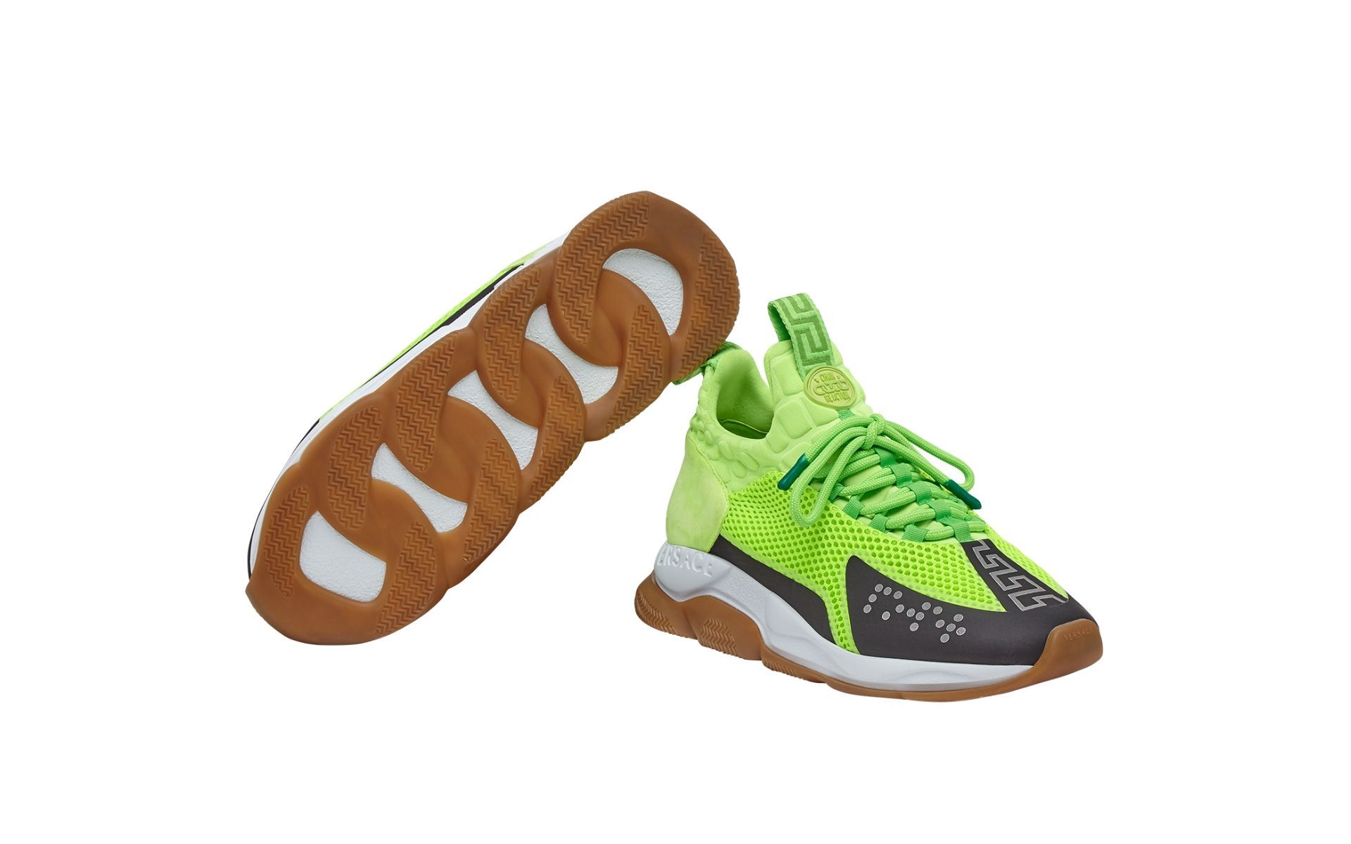 The latest Cross Chain sneakers in bold hues by Versace will instill a chain reaction of style for the already fashionable dad. Photo credit: Versace)