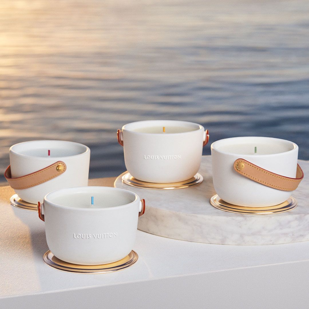 From the creative workings of Louis Vuitton Master Perfumer Jacques Cavallier Belletrud comes this charming collection of scented candles (1.1kg each) housed in ceramic containers with gold-finished metal lids and hand-stitched leather handles.