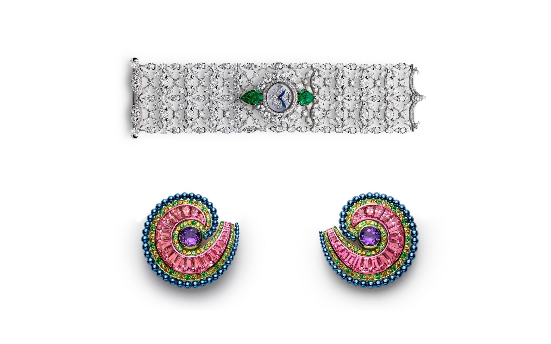 An intricate, diamond-plaited timepiece and a pair of kaleidoscopic earrings are a match made in heaven for all your fancy-dress needs. (Photo credit: Chopard)
