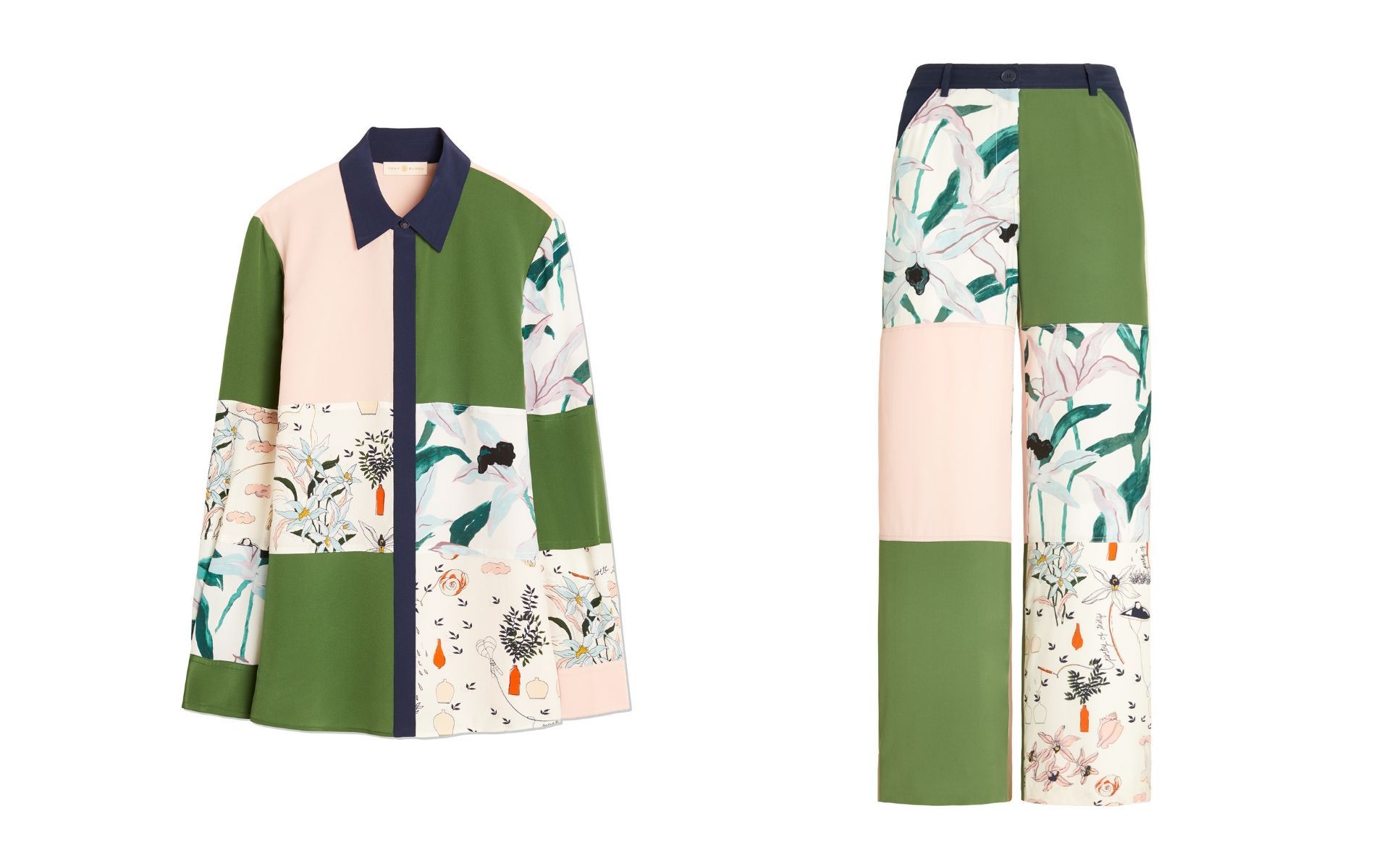 Patchwork can be endearingly elegant in this suit from the Ivory Poetry of Things collection. (Photo credit: Tory Burch)