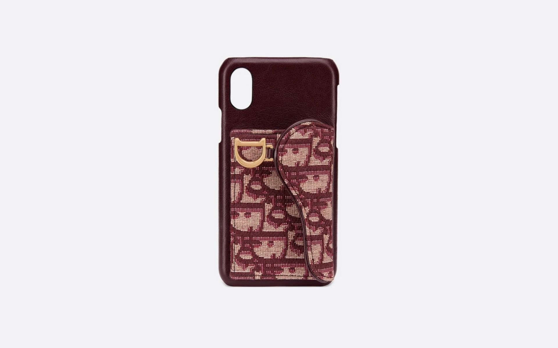 Dior's interpretation of the Saddle bag as a phone case in burgundy. (Photo: Dior)