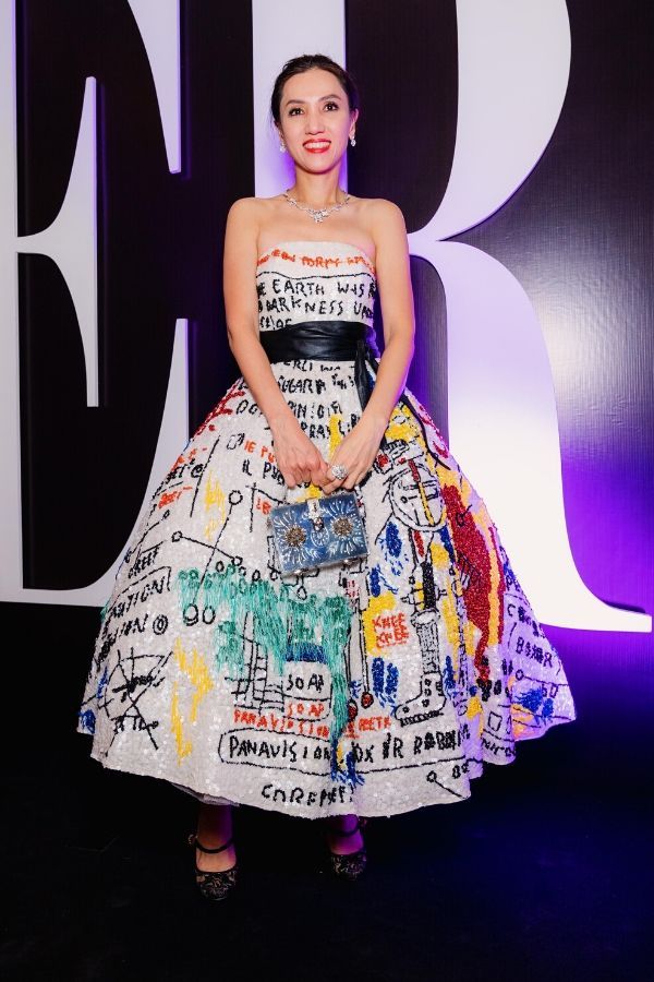 Datin Joanna Low emulated modern art with her Farah Khan embroidered gown and bag by Dolce & Gabbana