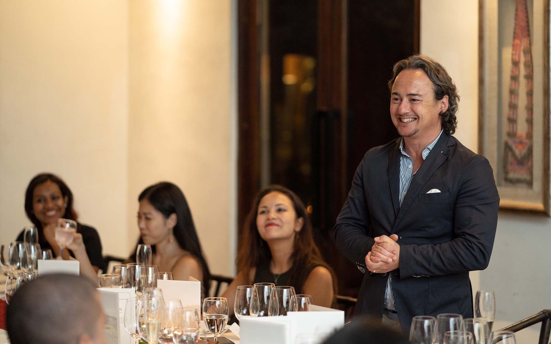 Wine export manager Luca Ardiri entertaining the crowd at Tamarind Hill's wine dinner