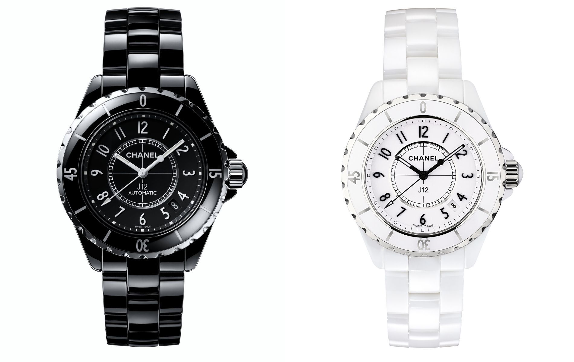 The original J12 in black ceramic (2000) and in white ceramic (2003)