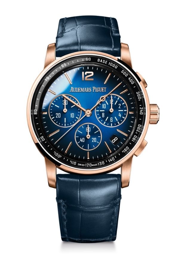Chronograph with smoked blue lacquered dial