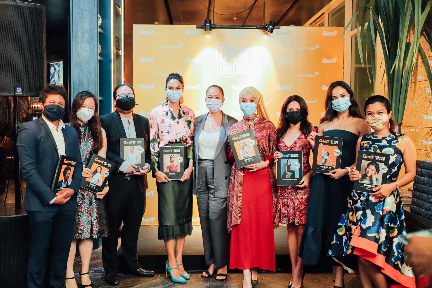 Gen.T honourees Dzaeman Dzulkifli, Melissa Ngiam, Joel Low, Deborah Henry, Raudhah Nazran, Raja Jastina Adlina Raja Arshad, Farah Ann Abdul Hadi and Khairun Nisa Zabidi on stage with Geraldine Beh