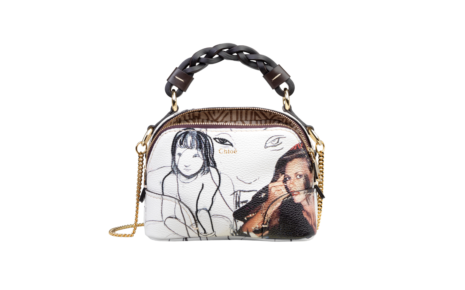 Crafted with grained calfskin, this Chloé Daria Mini chain bag has an exclusive print by artist Rita Ackerman mimicking her original work from the 1990s.