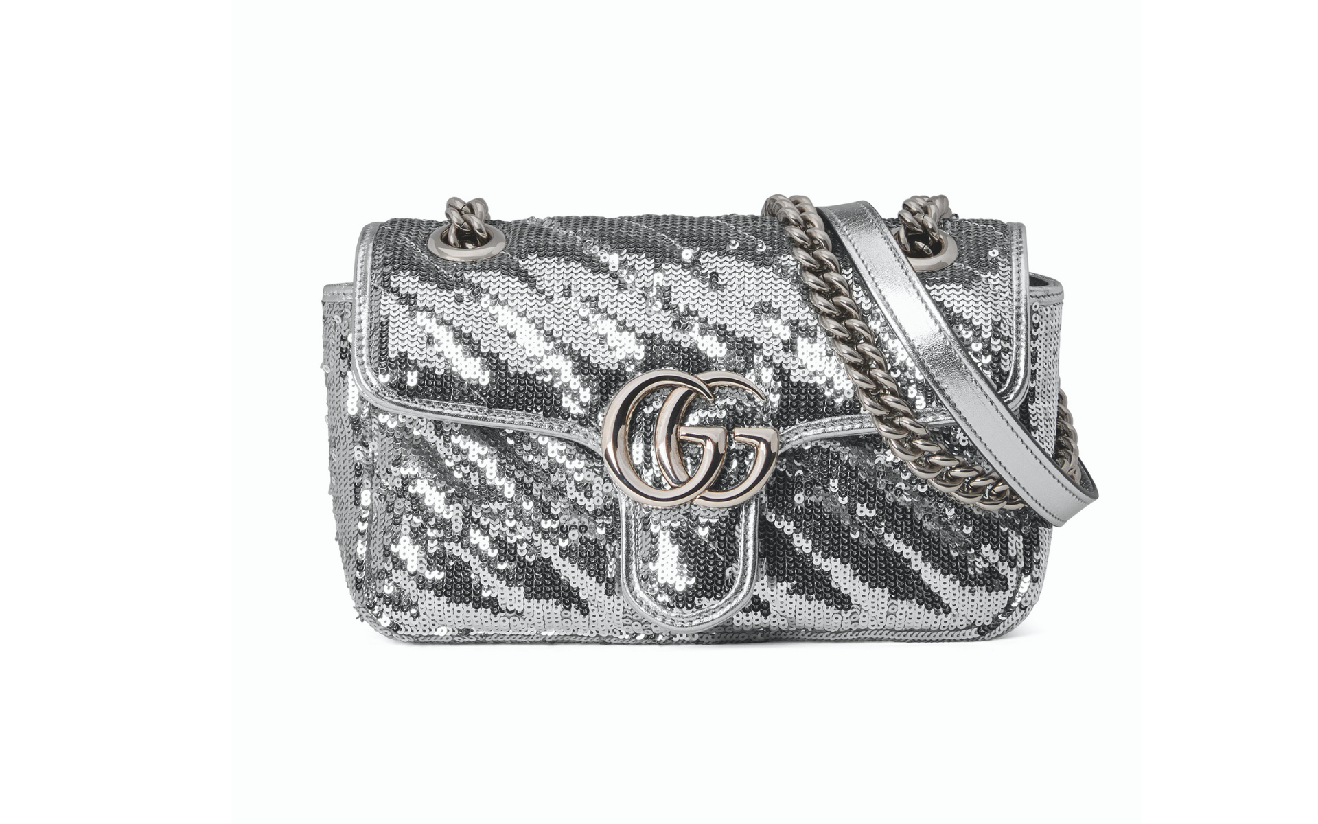 Celebrating the party spirit with shiny sequins sparkling in silver tones, the emblematic style of the Gucci Marmont has been uplifted with festive flair - a perfect gift for the fashionista in your life
