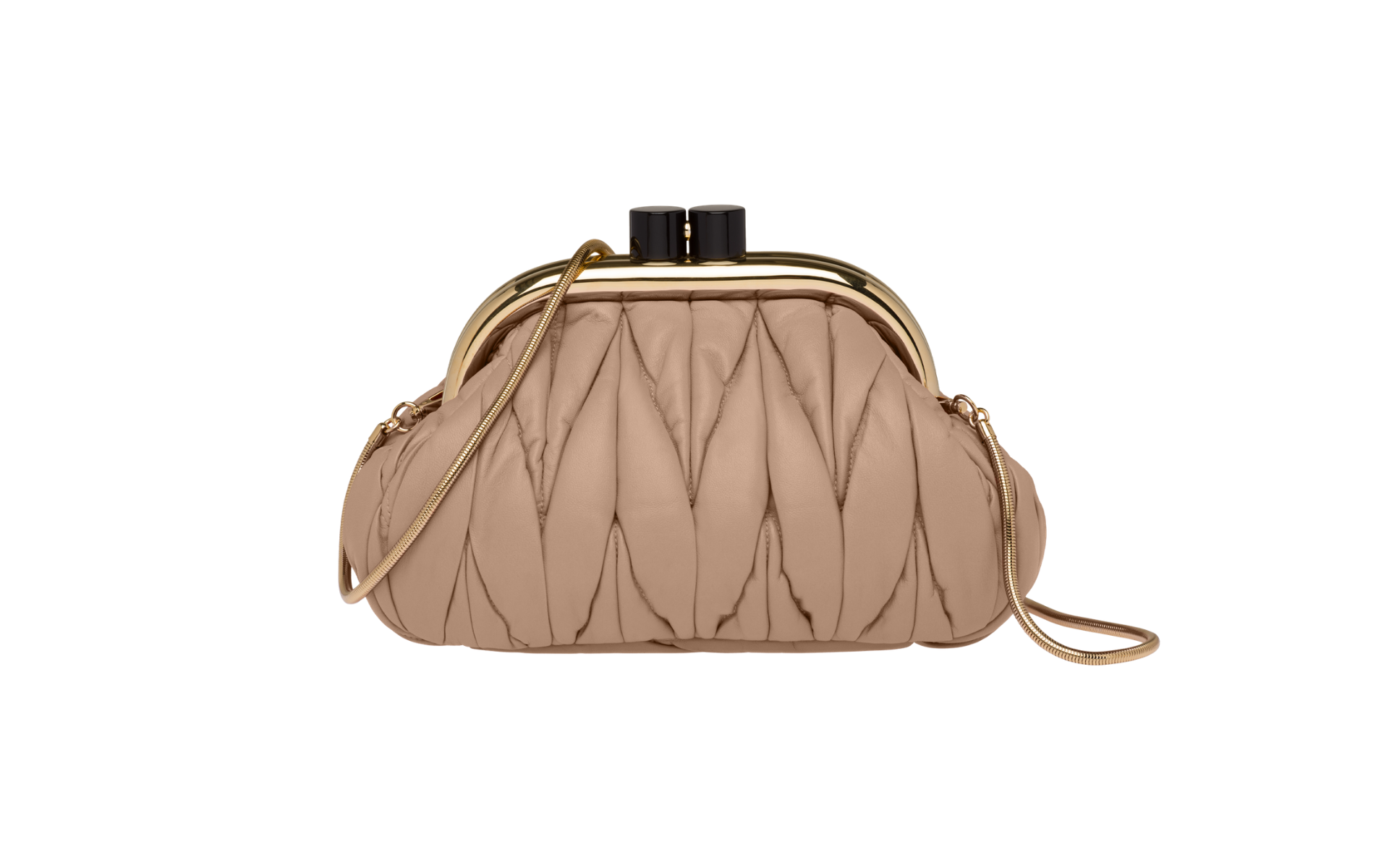 Miu Miu’s dumpling bag, the Miu Belle, boasts polished metal frame and glossy black clasp that represents a feminine yet bold contrast - perfect for the independent soul