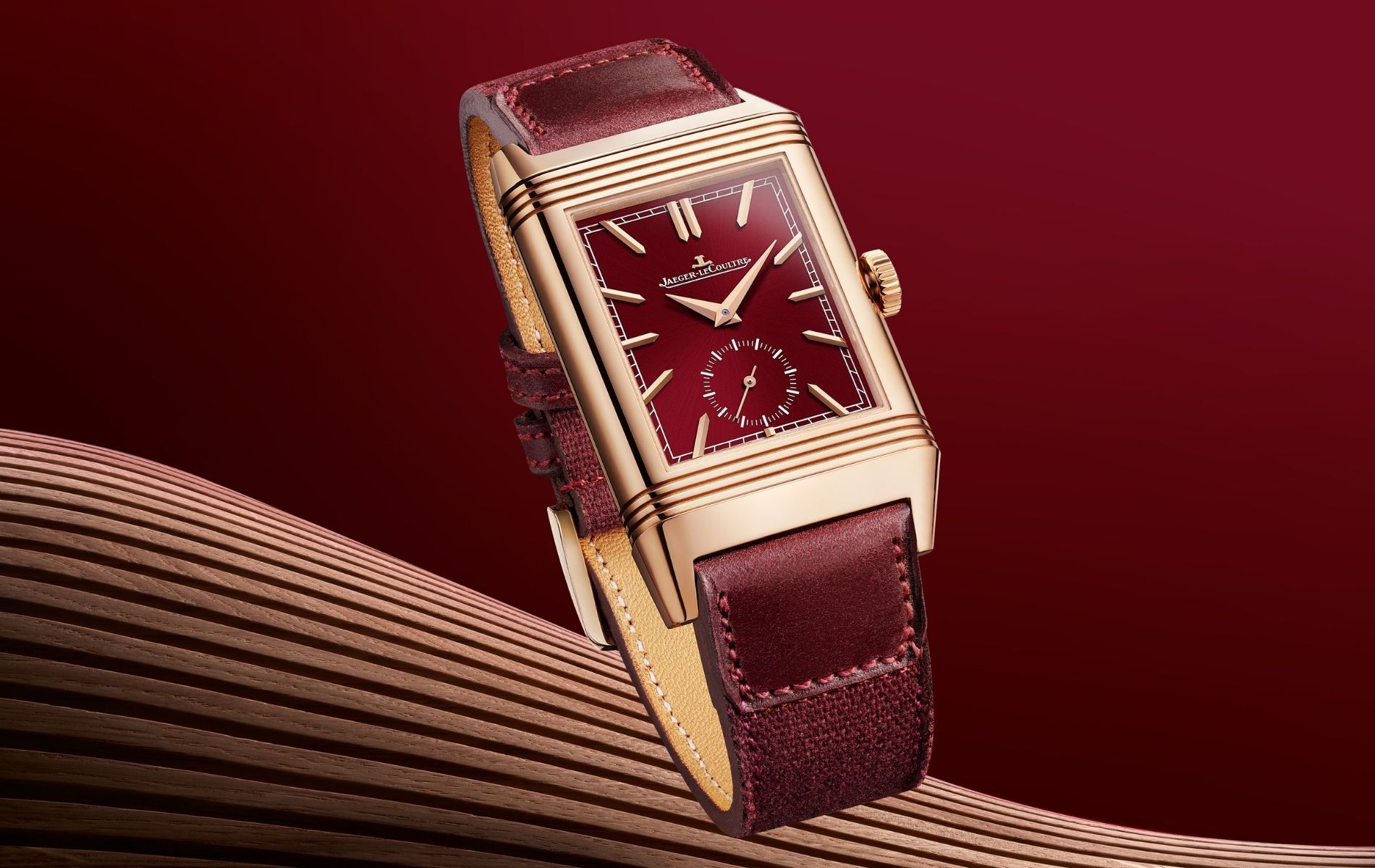 Jaeger-LeCoultre Reverso Tribute Duoface Fagliano in 18k pink gold with burgundy lacquered dial and two-toned cordovan leather strap (Photo: Jaeger-L:eCoultre)