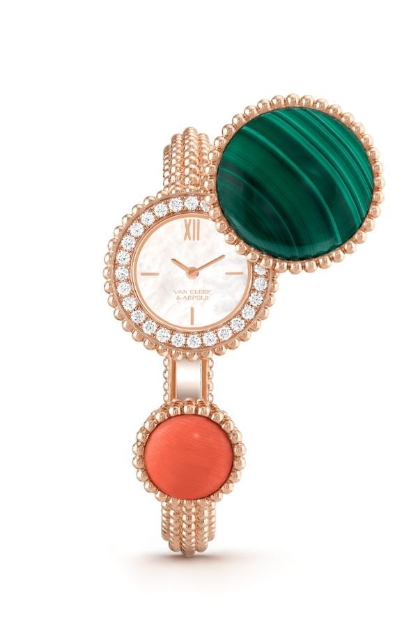Van Cleef & Arpels Perlée Secret Watch in rose gold with green malachite, coral and mother-of-pearl (Photo: Van Cleef & Arpels)