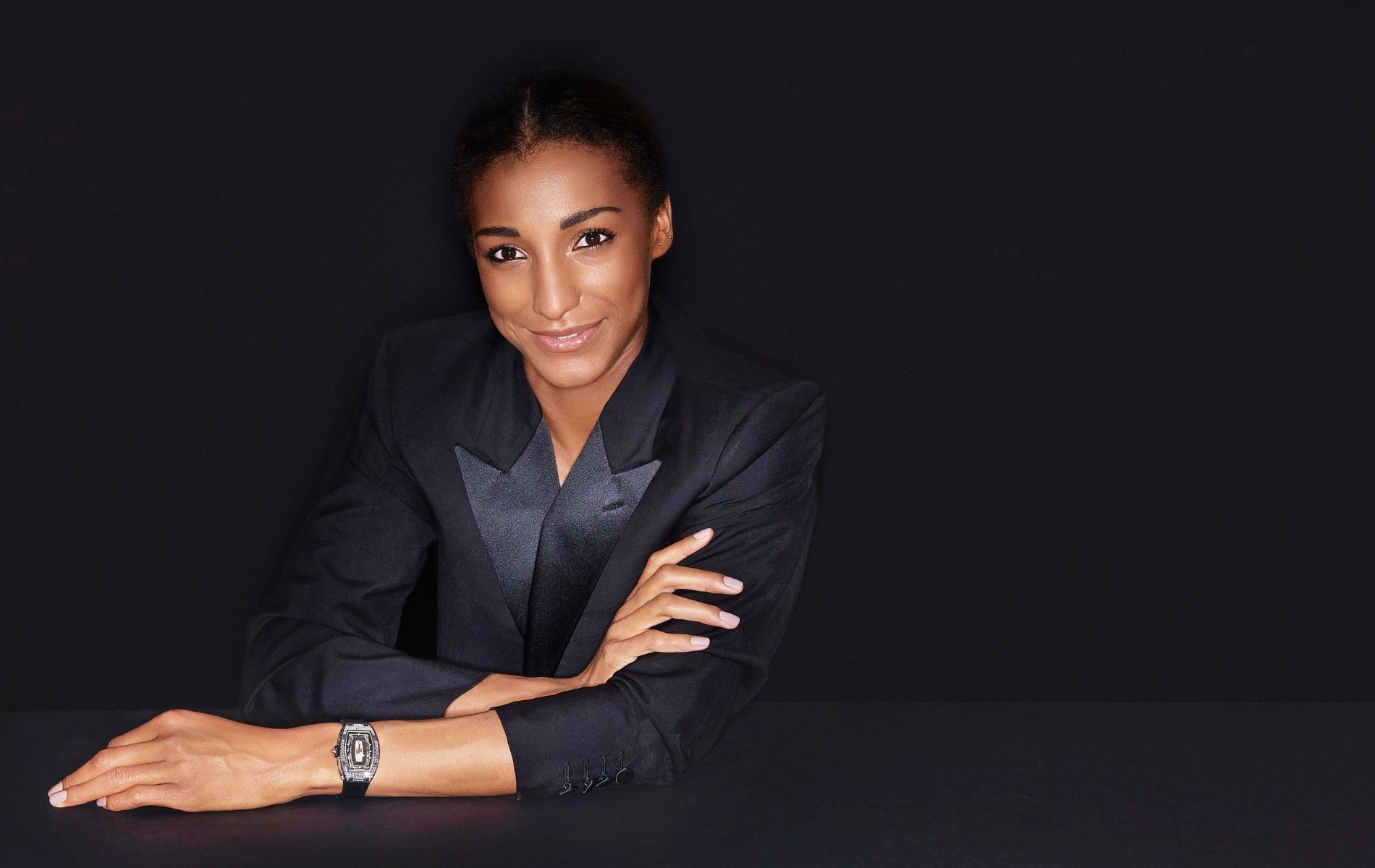 Belgian athlete Nafi Thiam wearing RM 07-01 Automatic Carbon TPT set with baguette diamonds