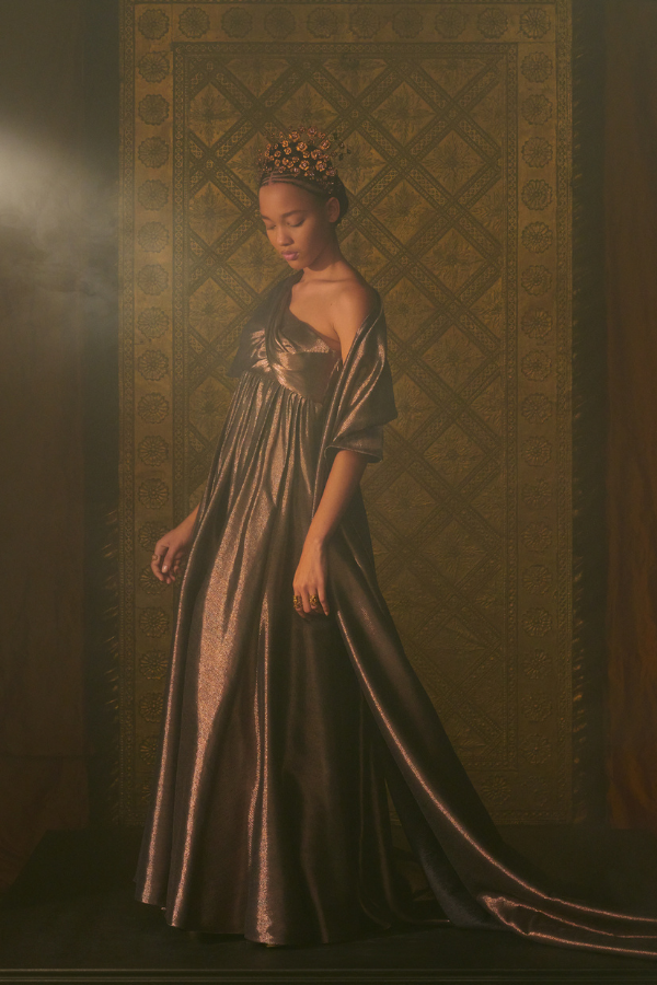 L'Amoureux: Draped panel dress in pink lamé twill chenille