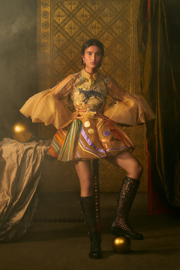 Le Fou: Embroidered top, tulle skirt with satin appliqué and gold gauze shirt