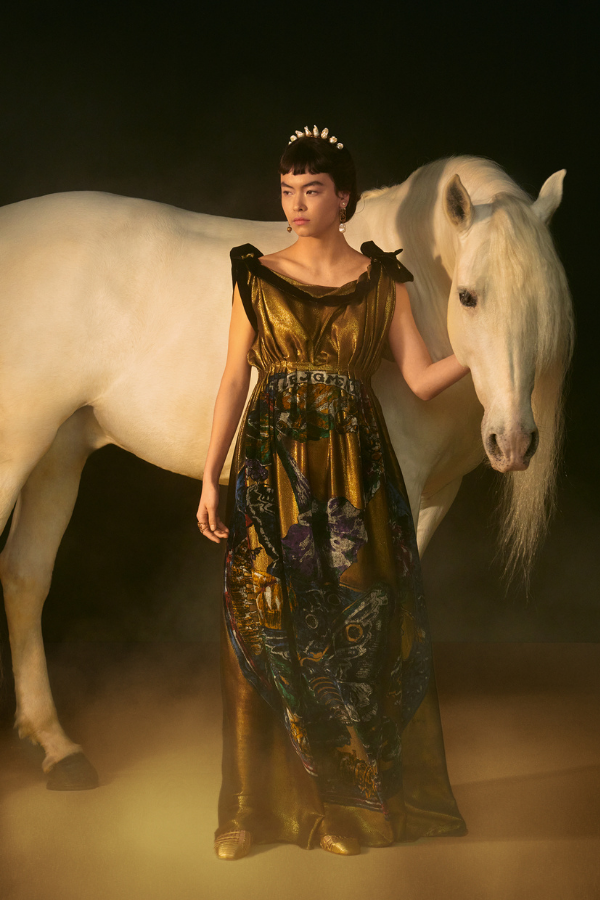 Le Jugement: Draped lamé dress featuring the “Judgement” motif in multicolored dévoré velvet