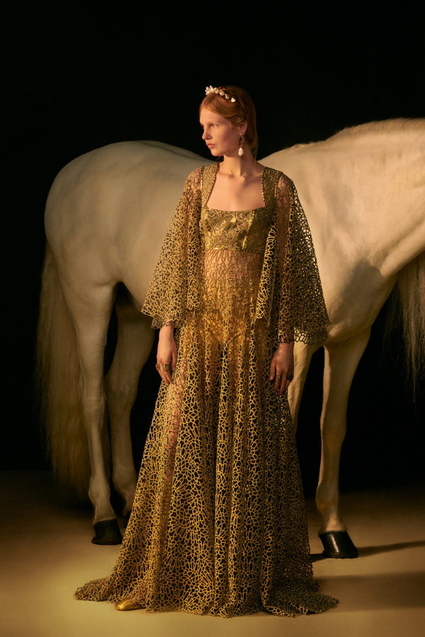 Le Soleil: Long dress encrusted with geometric gold guipure