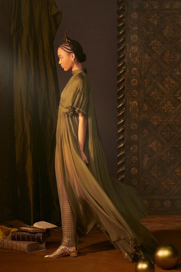 La Justice: Long hand-pleated dress in olive silk chiffon