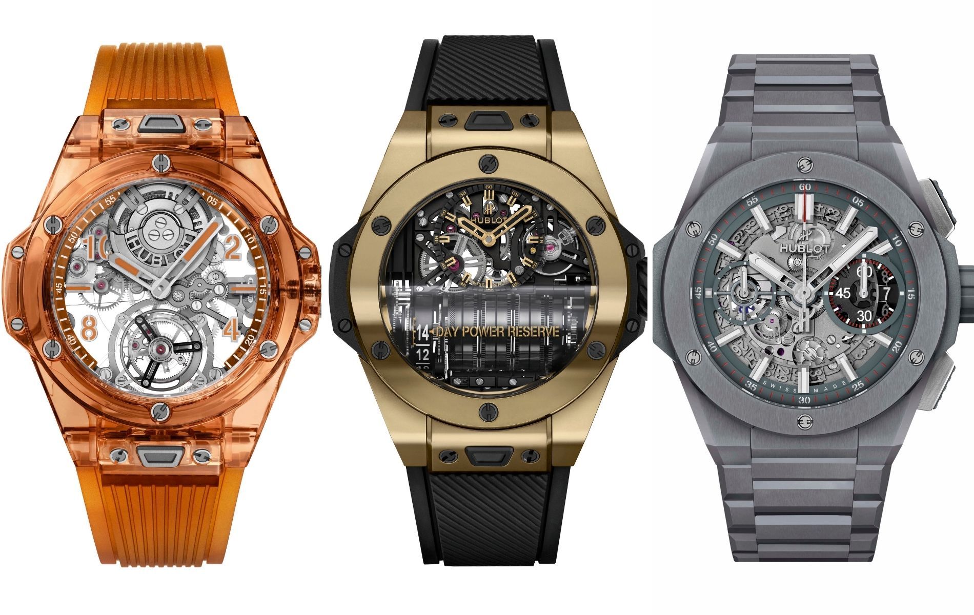Big Bang Tourbillon Automatic Orange Sapphire, Big Bang MP-11 Magic Gold and Big Bang Integral Ceramic