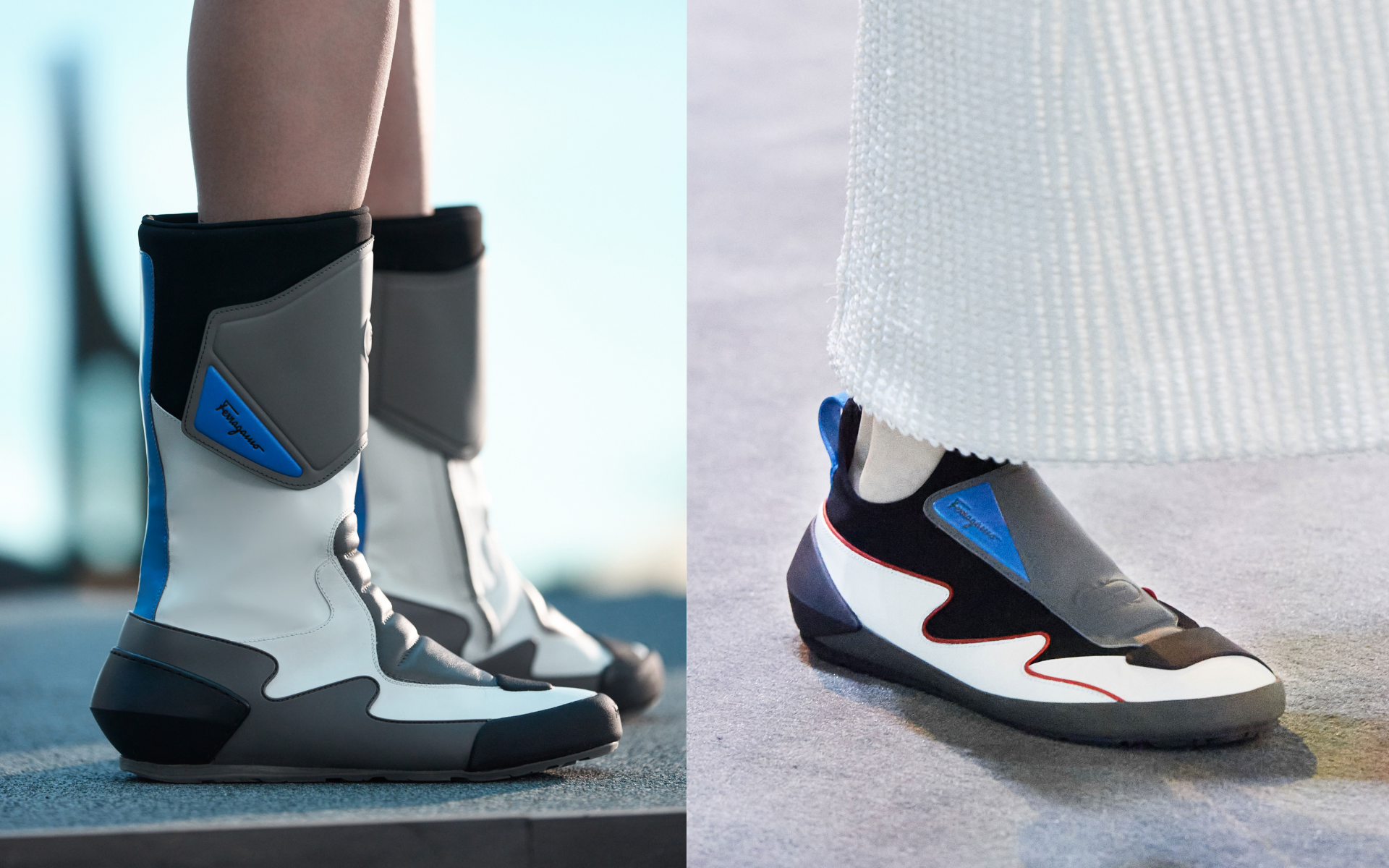 Space-biker boots and scuba sock sneakers