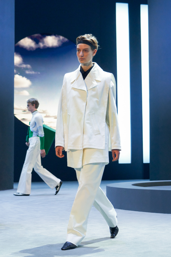 This monochrome plays with layered lengths and large lapels