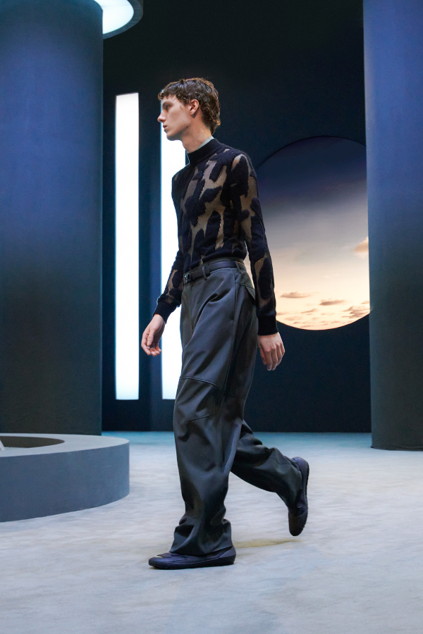 Abstract camouflage print held together by utilitarian, loose-fitting trousers